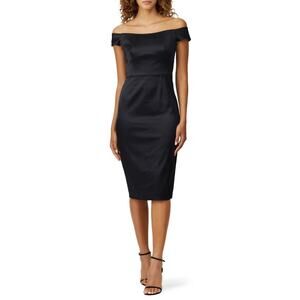 Milly Ari Solid Black Off The Shoulder Satin Cocktail Sheath Dress Size 6